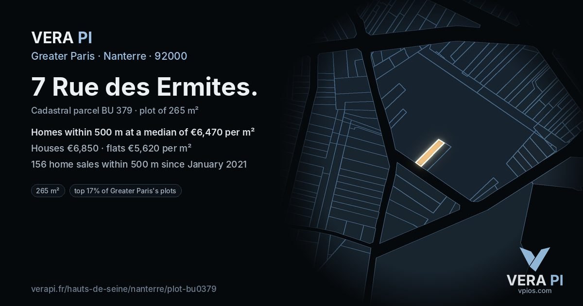 7 Rue des Ermites, Nanterre at night – the plot lit, the parcels around coloured by the prices near them