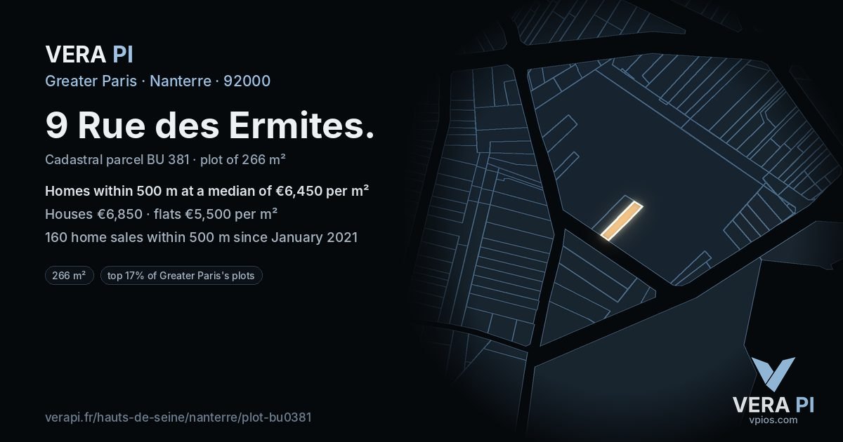 9 Rue des Ermites, Nanterre at night – the plot lit, the parcels around coloured by the prices near them