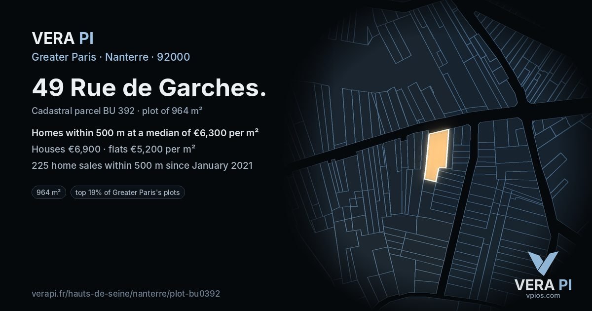 49 Rue de Garches, Nanterre at night – the plot lit, the parcels around coloured by the prices near them