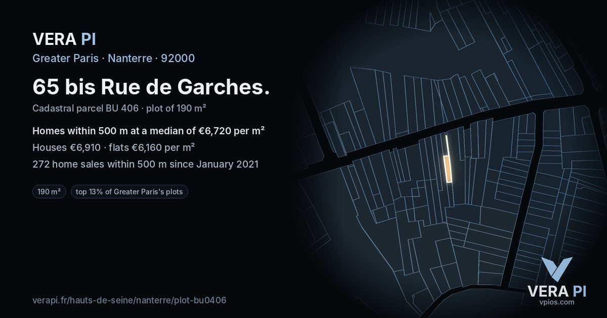 65 bis Rue de Garches, Nanterre at night – the plot lit, the parcels around coloured by the prices near them