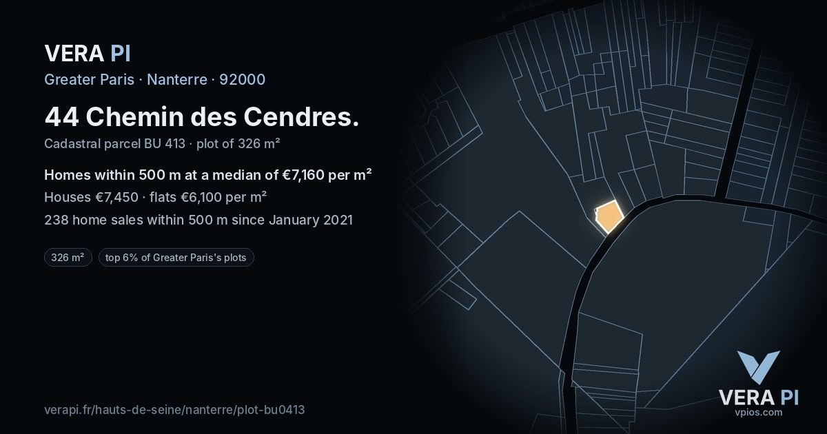 44 Chemin des Cendres, Nanterre at night – the plot lit, the parcels around coloured by the prices near them