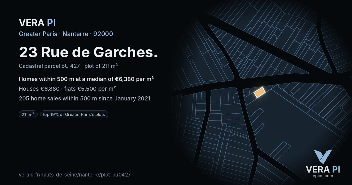 23 Rue de Garches, Nanterre at night – the plot lit, the parcels around coloured by the prices near them