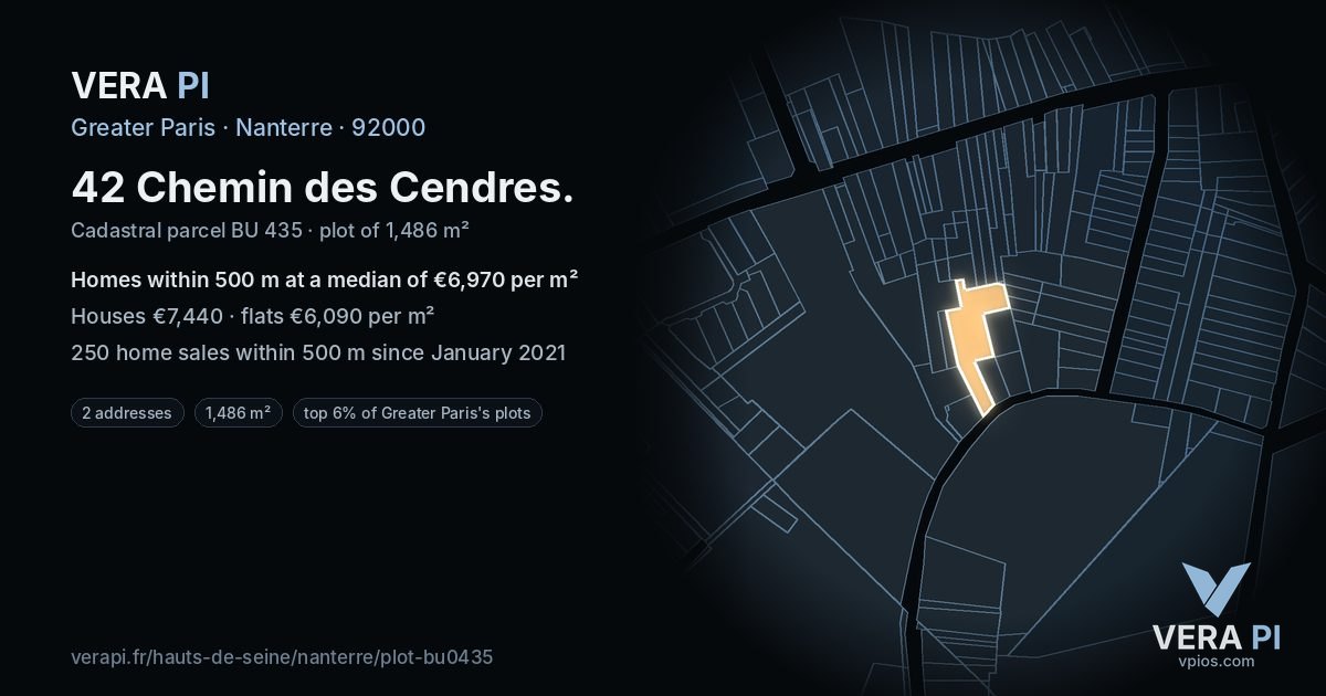 42 Chemin des Cendres, Nanterre at night – the plot lit, the parcels around coloured by the prices near them