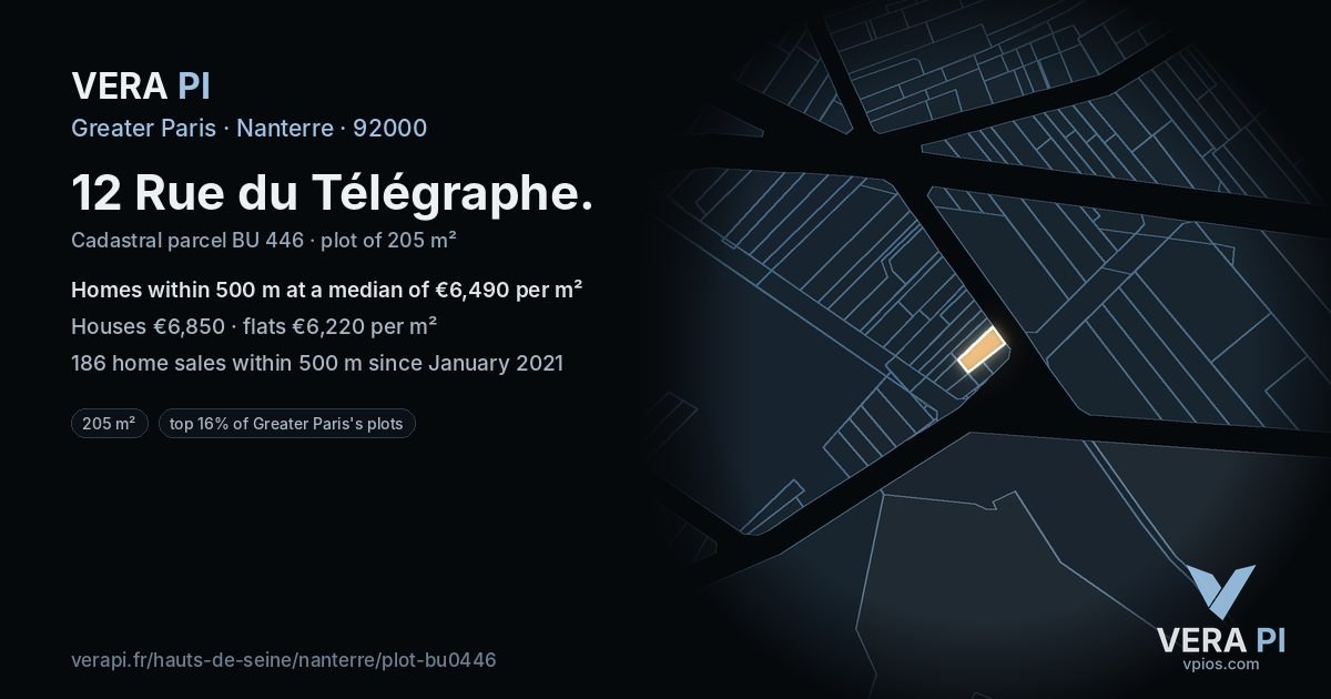 12 Rue du Télégraphe, Nanterre at night – the plot lit, the parcels around coloured by the prices near them