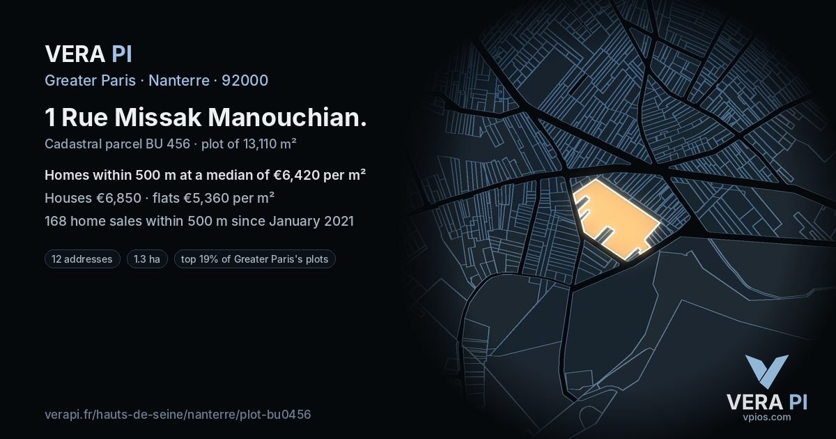 1 Rue Missak Manouchian, Nanterre at night – the plot lit, the parcels around coloured by the prices near them