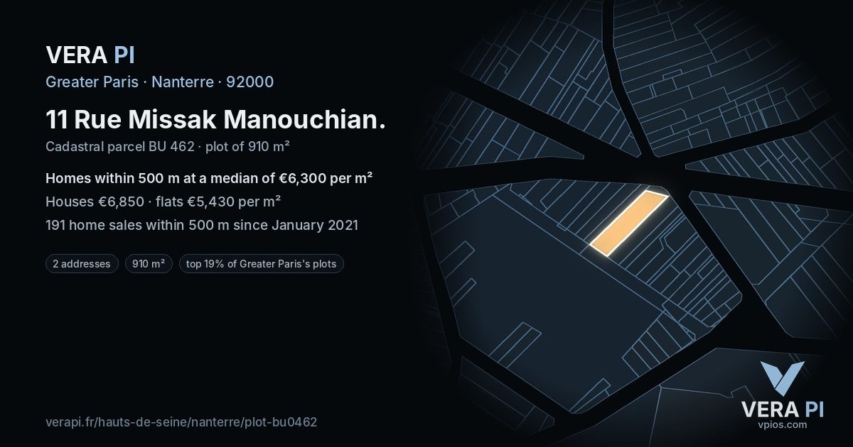 11 Rue Missak Manouchian, Nanterre at night – the plot lit, the parcels around coloured by the prices near them