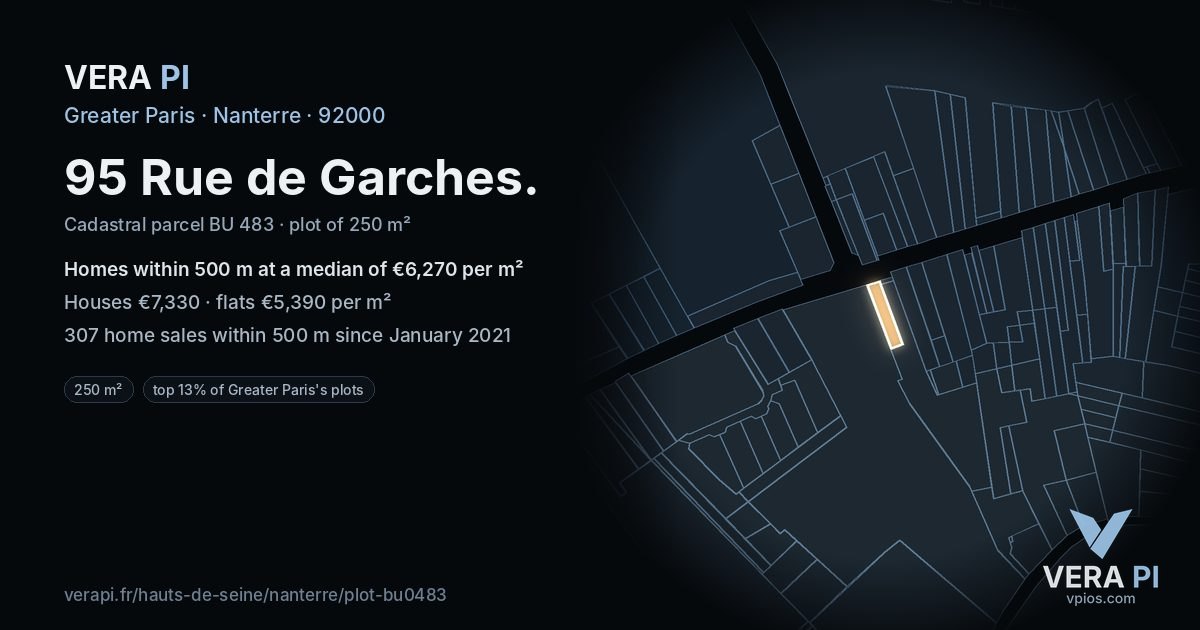 95 Rue de Garches, Nanterre at night – the plot lit, the parcels around coloured by the prices near them