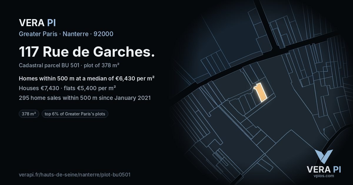 117 Rue de Garches, Nanterre at night – the plot lit, the parcels around coloured by the prices near them