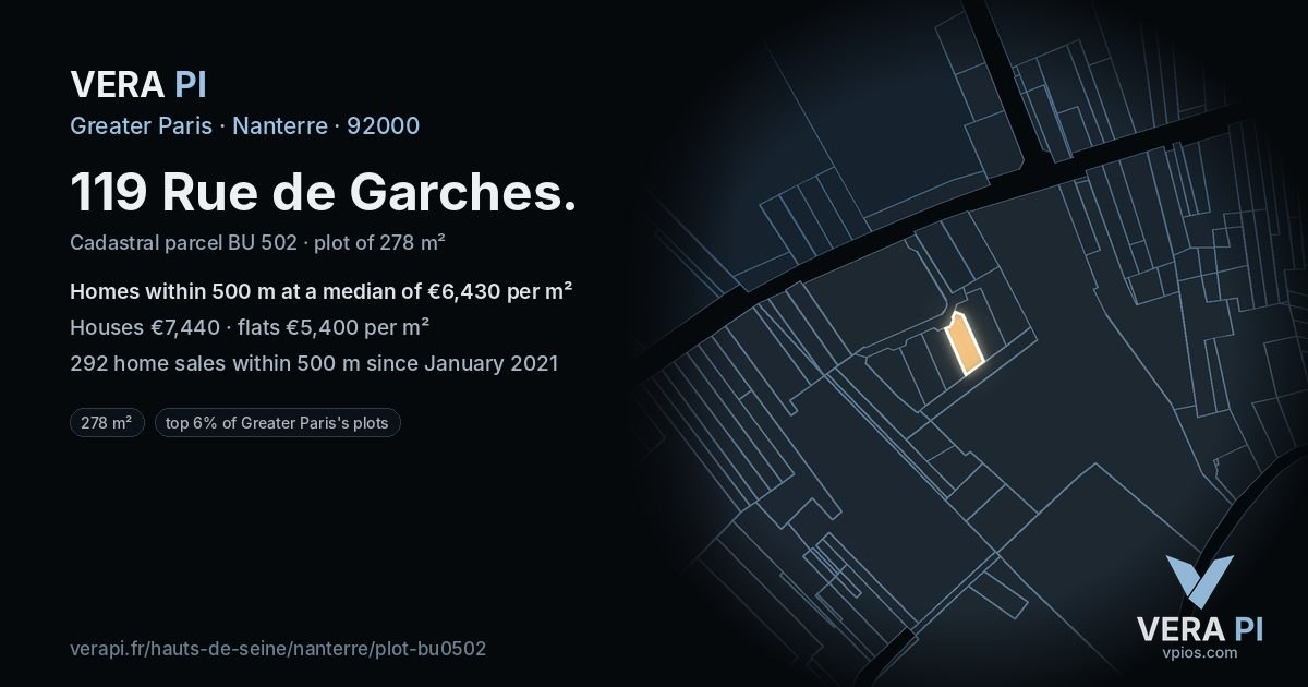 119 Rue de Garches, Nanterre at night – the plot lit, the parcels around coloured by the prices near them