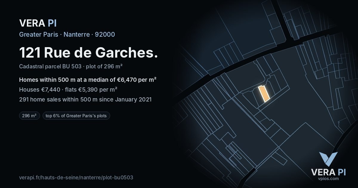 121 Rue de Garches, Nanterre at night – the plot lit, the parcels around coloured by the prices near them