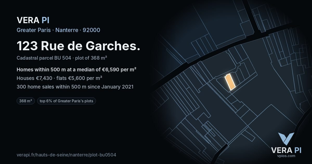 123 Rue de Garches, Nanterre at night – the plot lit, the parcels around coloured by the prices near them