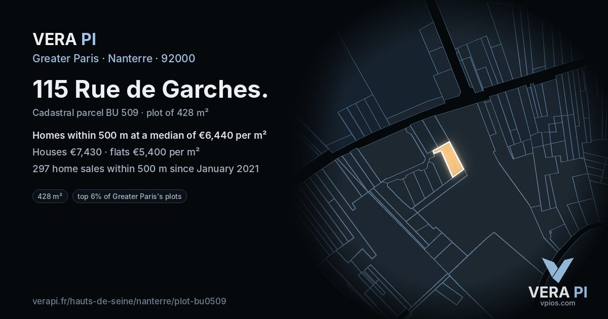 115 Rue de Garches, Nanterre at night – the plot lit, the parcels around coloured by the prices near them