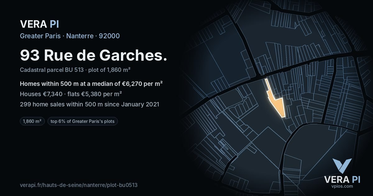 93 Rue de Garches, Nanterre at night – the plot lit, the parcels around coloured by the prices near them