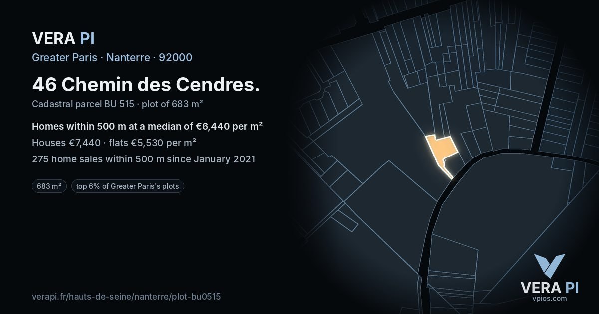 46 Chemin des Cendres, Nanterre at night – the plot lit, the parcels around coloured by the prices near them