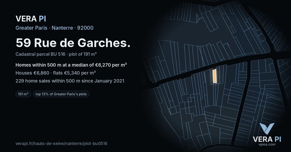59 Rue de Garches, Nanterre at night – the plot lit, the parcels around coloured by the prices near them