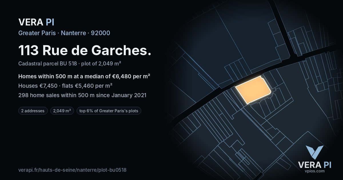 113 Rue de Garches, Nanterre at night – the plot lit, the parcels around coloured by the prices near them