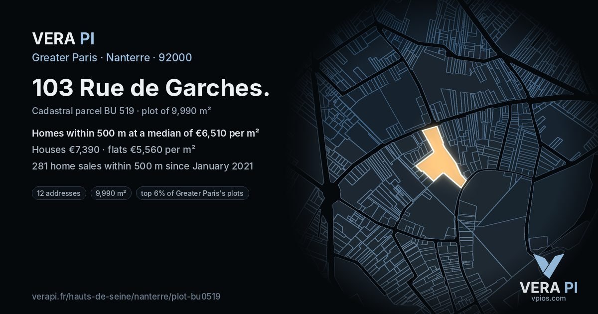 103 Rue de Garches, Nanterre at night – the plot lit, the parcels around coloured by the prices near them