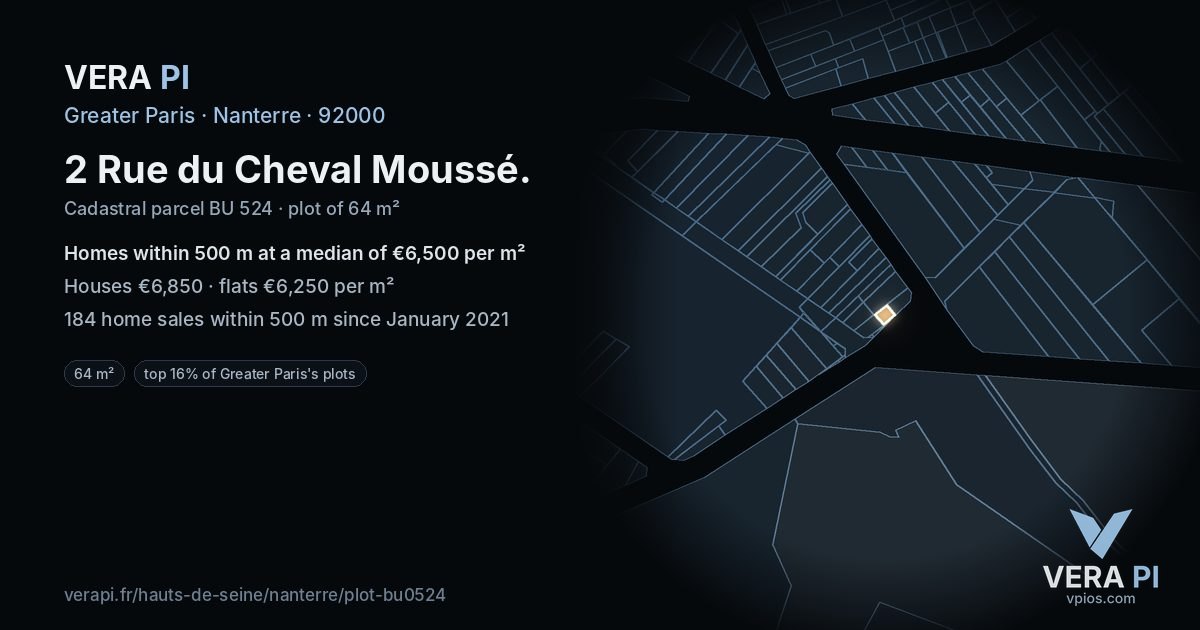 2 Rue du Cheval Moussé, Nanterre at night – the plot lit, the parcels around coloured by the prices near them