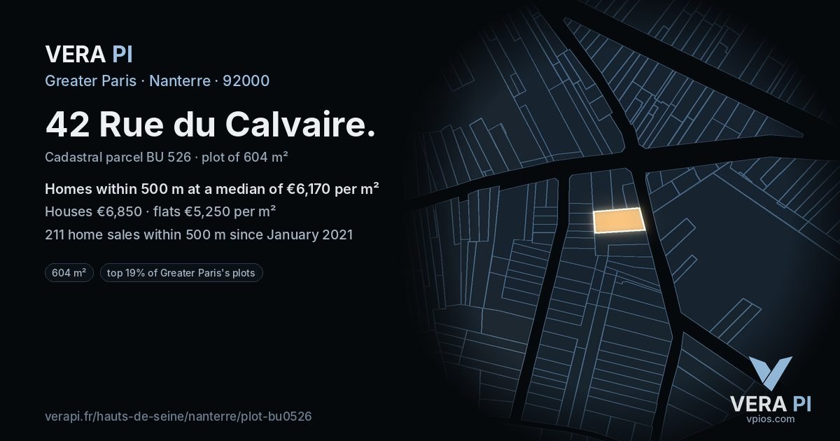 42 Rue du Calvaire, Nanterre at night – the plot lit, the parcels around coloured by the prices near them