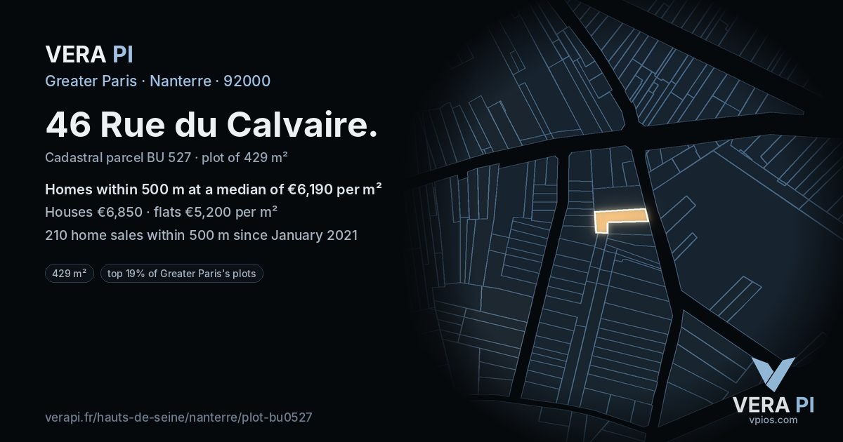 46 Rue du Calvaire, Nanterre at night – the plot lit, the parcels around coloured by the prices near them