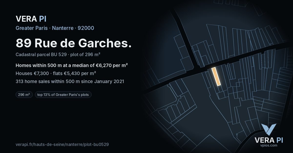 89 Rue de Garches, Nanterre at night – the plot lit, the parcels around coloured by the prices near them