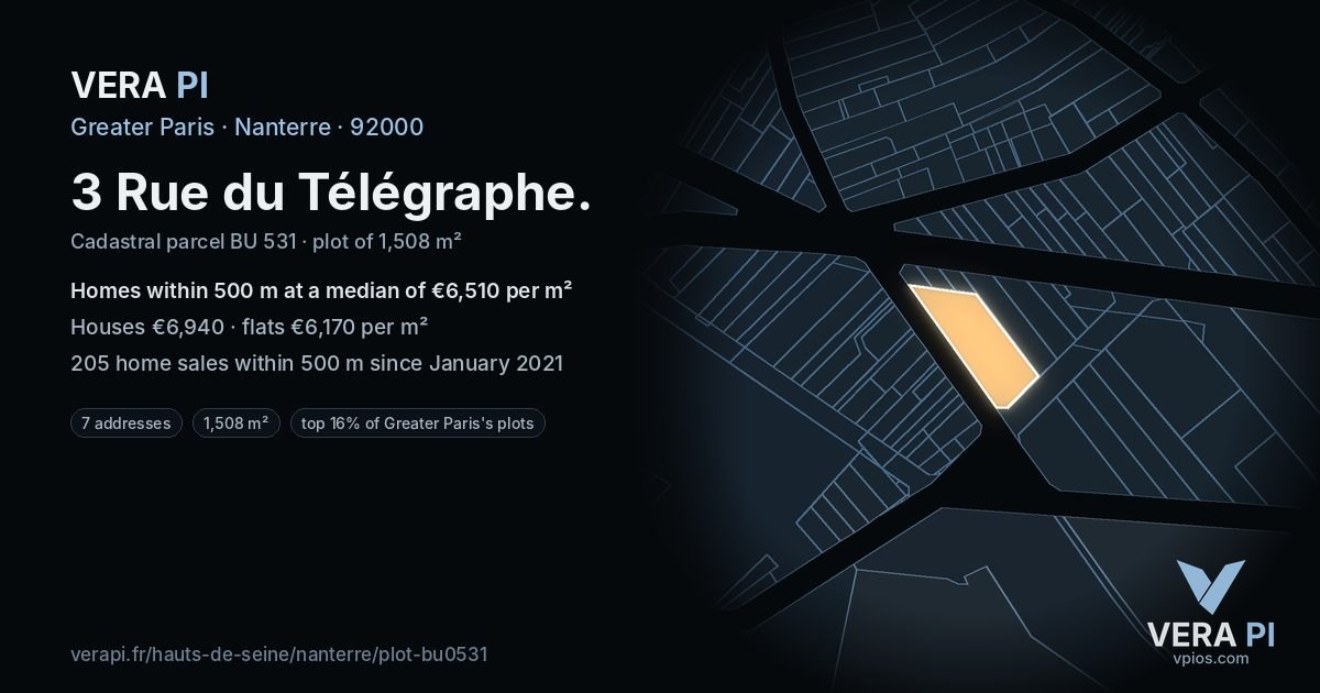 3 Rue du Télégraphe, Nanterre at night – the plot lit, the parcels around coloured by the prices near them