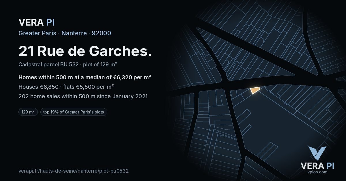21 Rue de Garches, Nanterre at night – the plot lit, the parcels around coloured by the prices near them