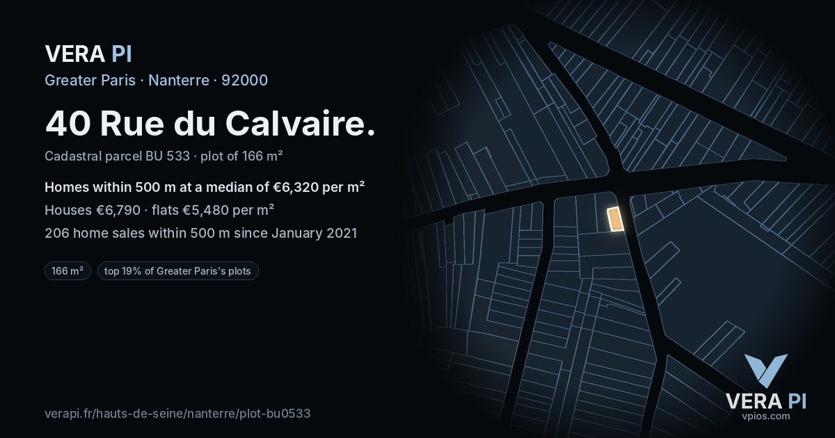 40 Rue du Calvaire, Nanterre at night – the plot lit, the parcels around coloured by the prices near them