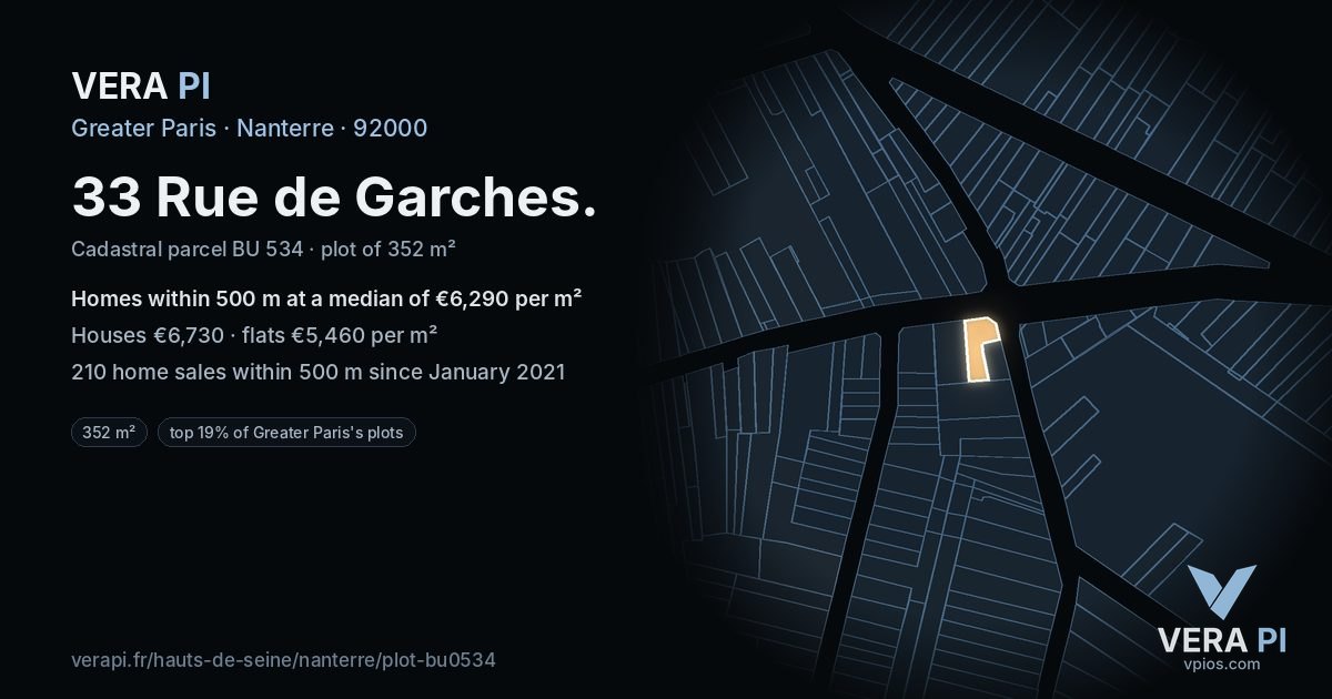 33 Rue de Garches, Nanterre at night – the plot lit, the parcels around coloured by the prices near them
