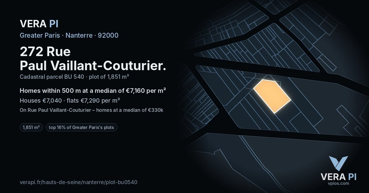 272 Rue Paul Vaillant-Couturier, Nanterre at night – the plot lit, the parcels around coloured by the prices near them