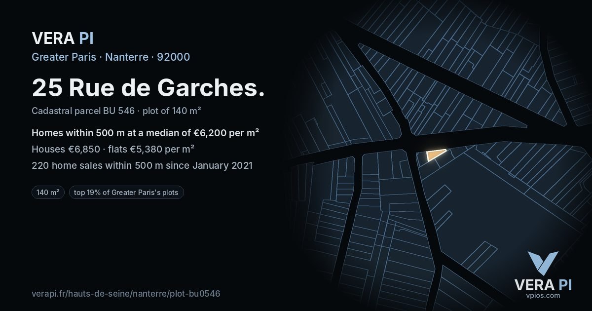 25 Rue de Garches, Nanterre at night – the plot lit, the parcels around coloured by the prices near them