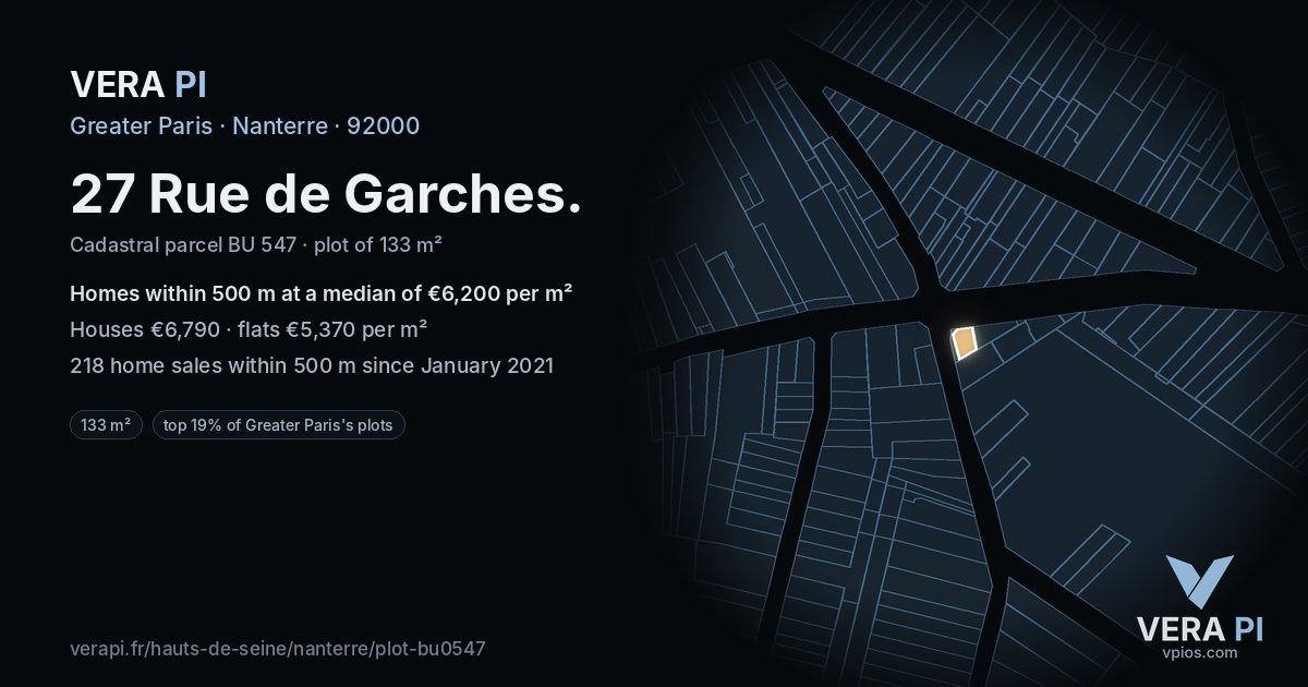 27 Rue de Garches, Nanterre at night – the plot lit, the parcels around coloured by the prices near them