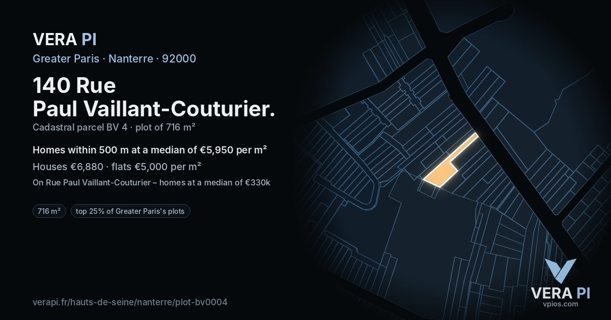 140 Rue Paul Vaillant-Couturier, Nanterre at night – the plot lit, the parcels around coloured by the prices near them
