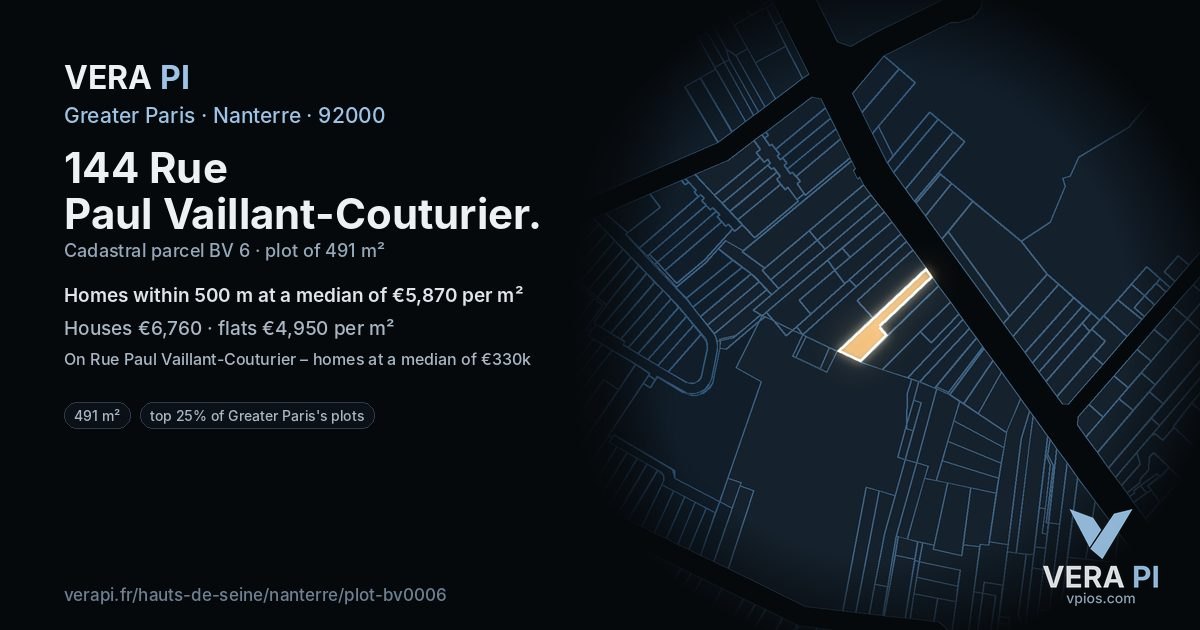 144 Rue Paul Vaillant-Couturier, Nanterre at night – the plot lit, the parcels around coloured by the prices near them