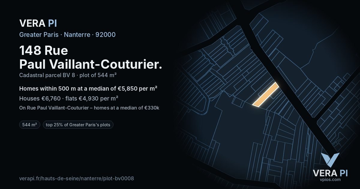 148 Rue Paul Vaillant-Couturier, Nanterre at night – the plot lit, the parcels around coloured by the prices near them