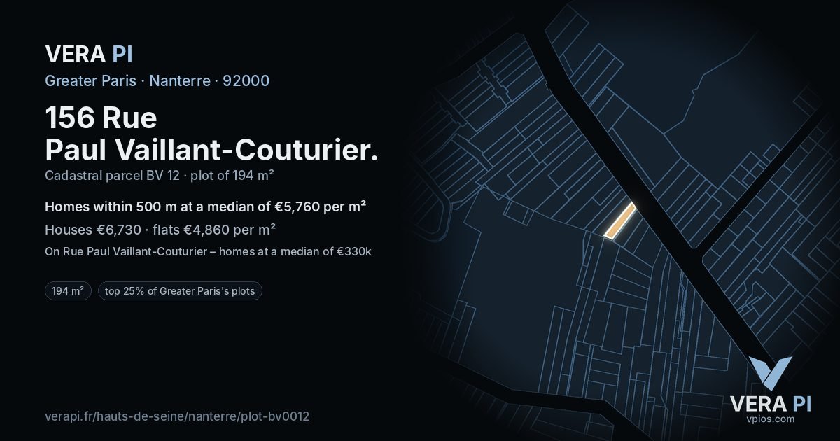 156 Rue Paul Vaillant-Couturier, Nanterre at night – the plot lit, the parcels around coloured by the prices near them