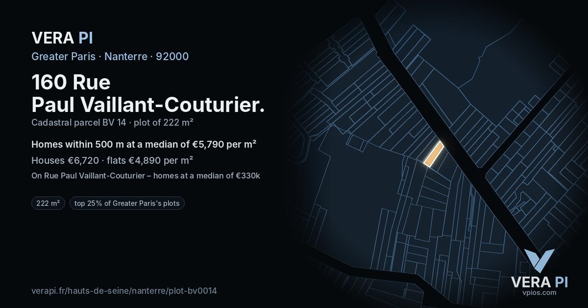 160 Rue Paul Vaillant-Couturier, Nanterre at night – the plot lit, the parcels around coloured by the prices near them