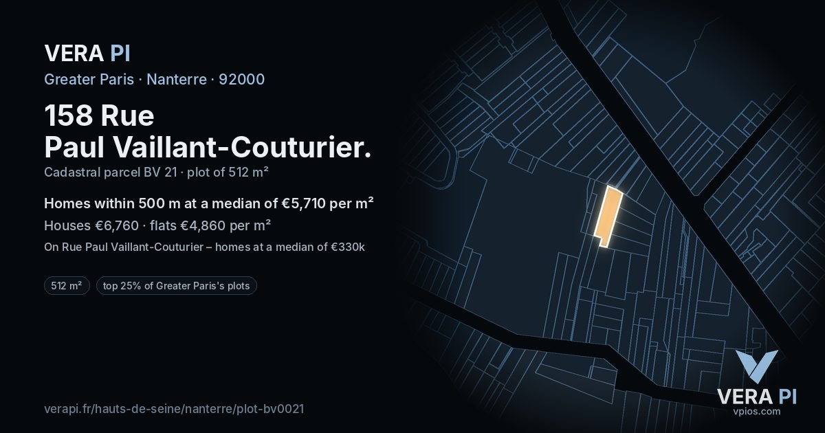 158 Rue Paul Vaillant-Couturier, Nanterre at night – the plot lit, the parcels around coloured by the prices near them