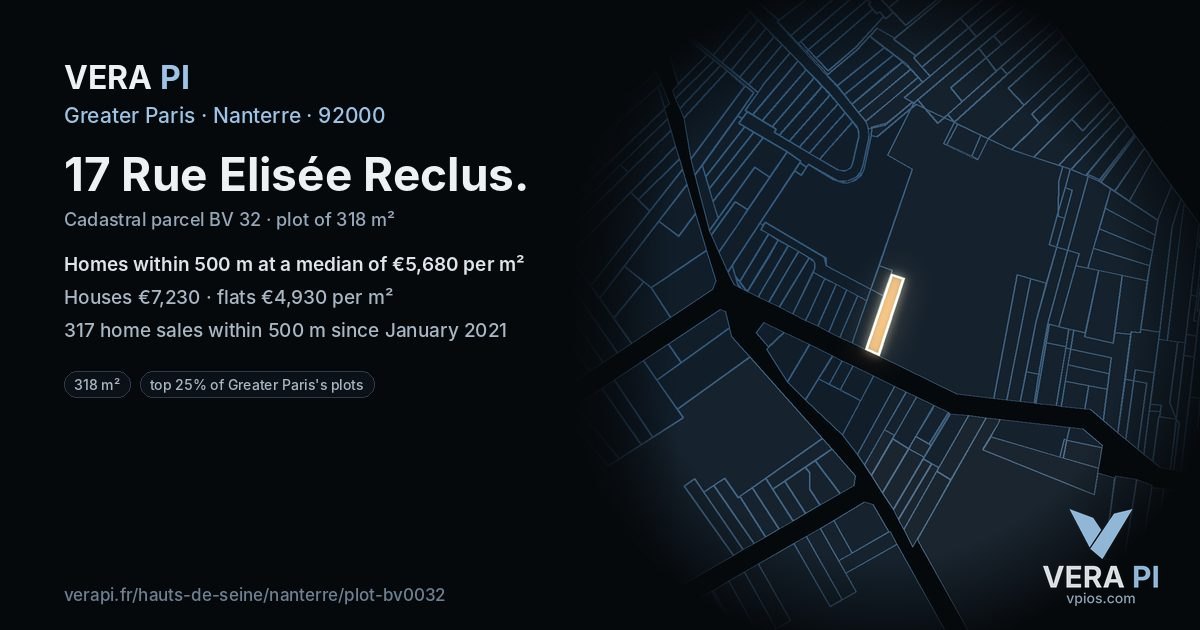 17 Rue Elisée Reclus, Nanterre at night – the plot lit, the parcels around coloured by the prices near them