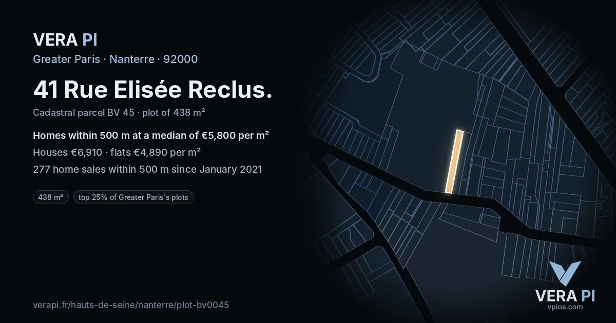 41 Rue Elisée Reclus, Nanterre at night – the plot lit, the parcels around coloured by the prices near them