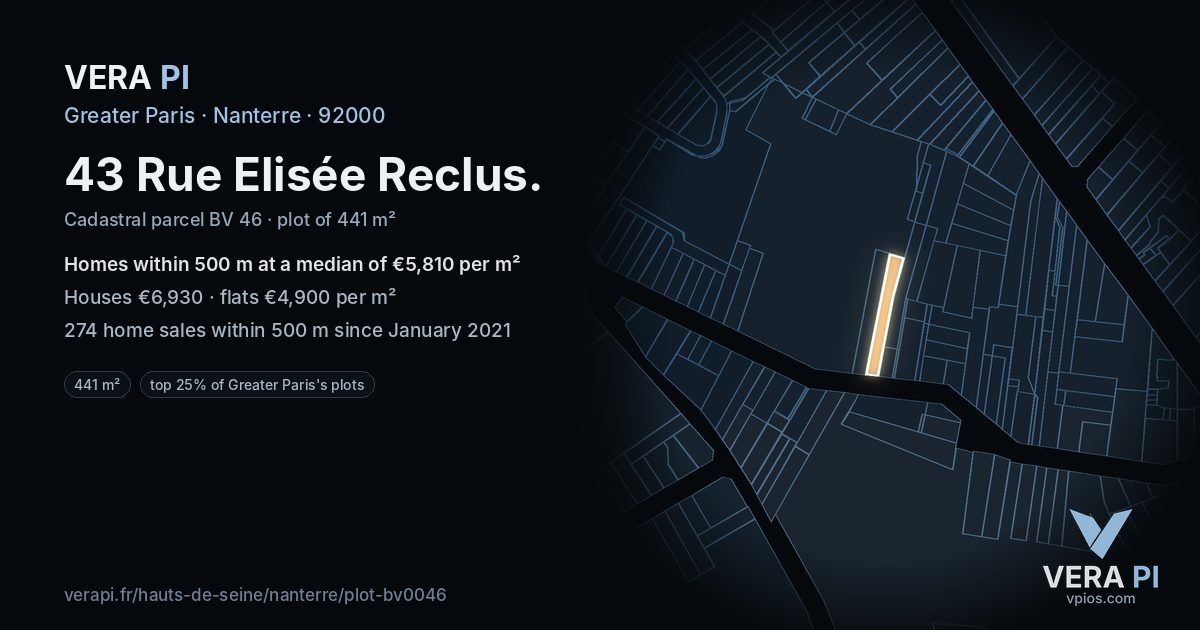 43 Rue Elisée Reclus, Nanterre at night – the plot lit, the parcels around coloured by the prices near them