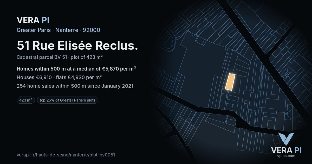 51 Rue Elisée Reclus, Nanterre at night – the plot lit, the parcels around coloured by the prices near them
