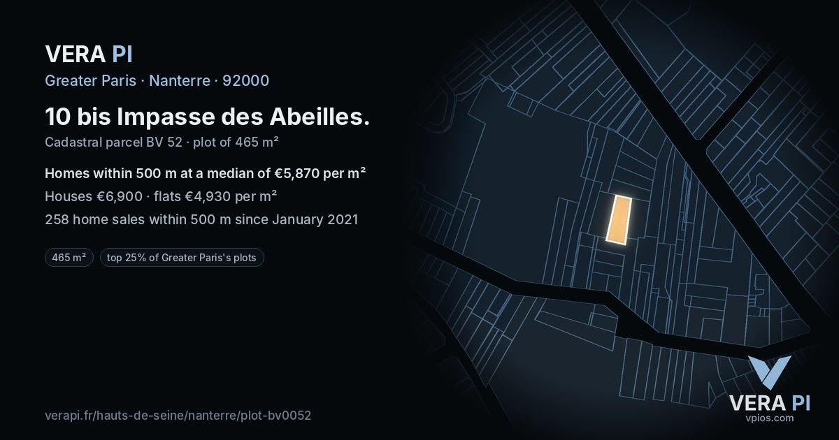 10 bis Impasse des Abeilles, Nanterre at night – the plot lit, the parcels around coloured by the prices near them