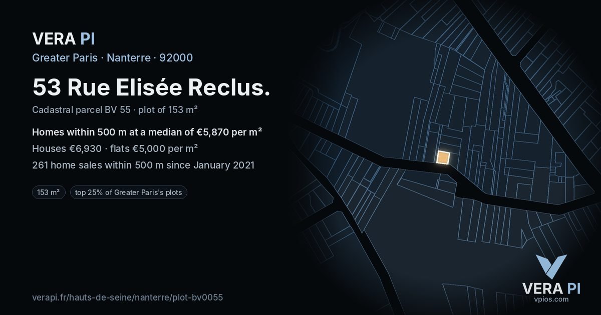 53 Rue Elisée Reclus, Nanterre at night – the plot lit, the parcels around coloured by the prices near them