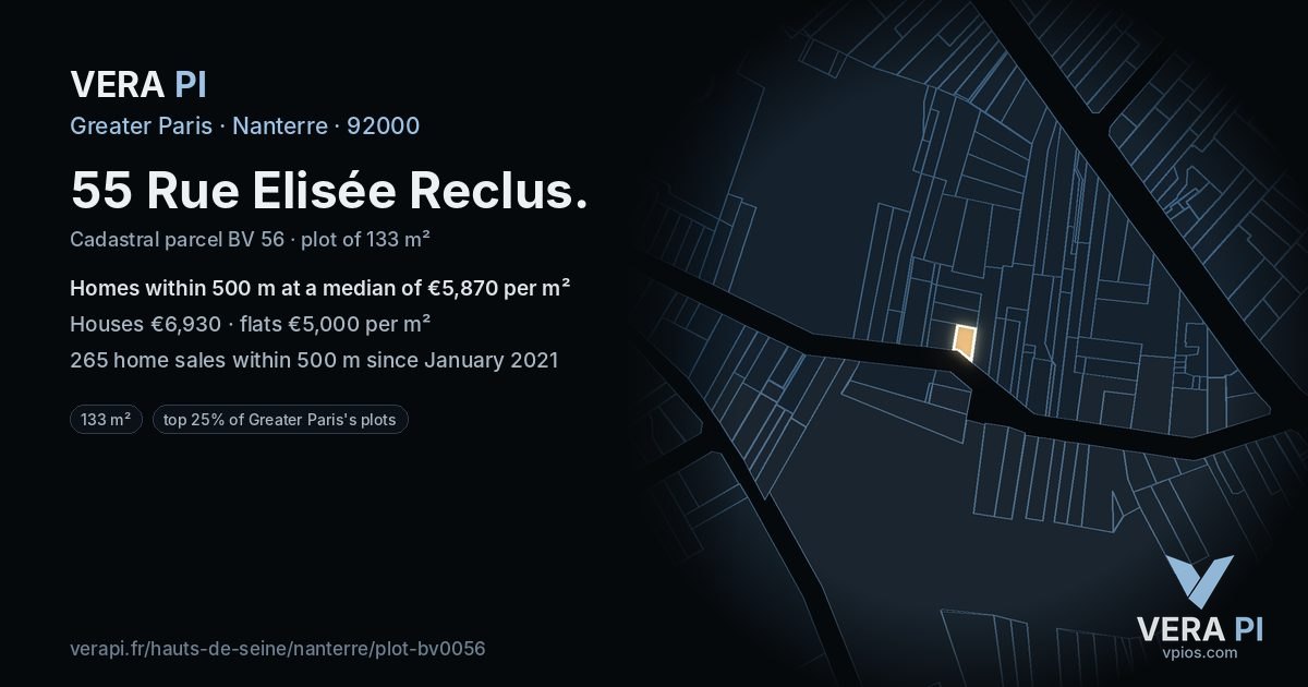 55 Rue Elisée Reclus, Nanterre at night – the plot lit, the parcels around coloured by the prices near them