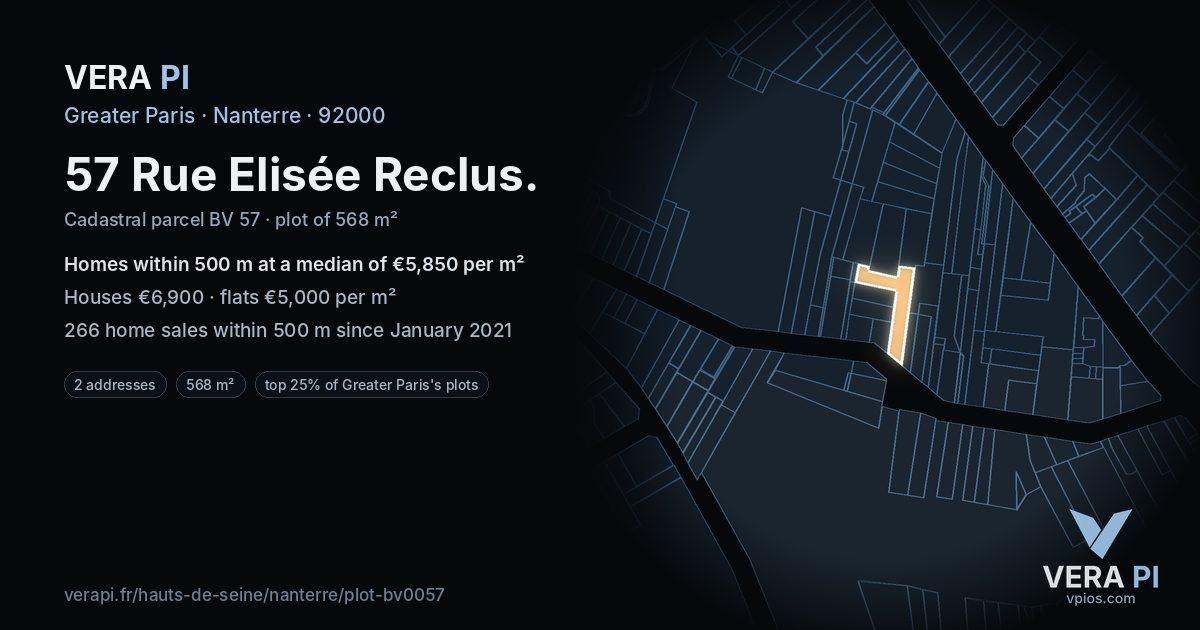 57 Rue Elisée Reclus, Nanterre at night – the plot lit, the parcels around coloured by the prices near them
