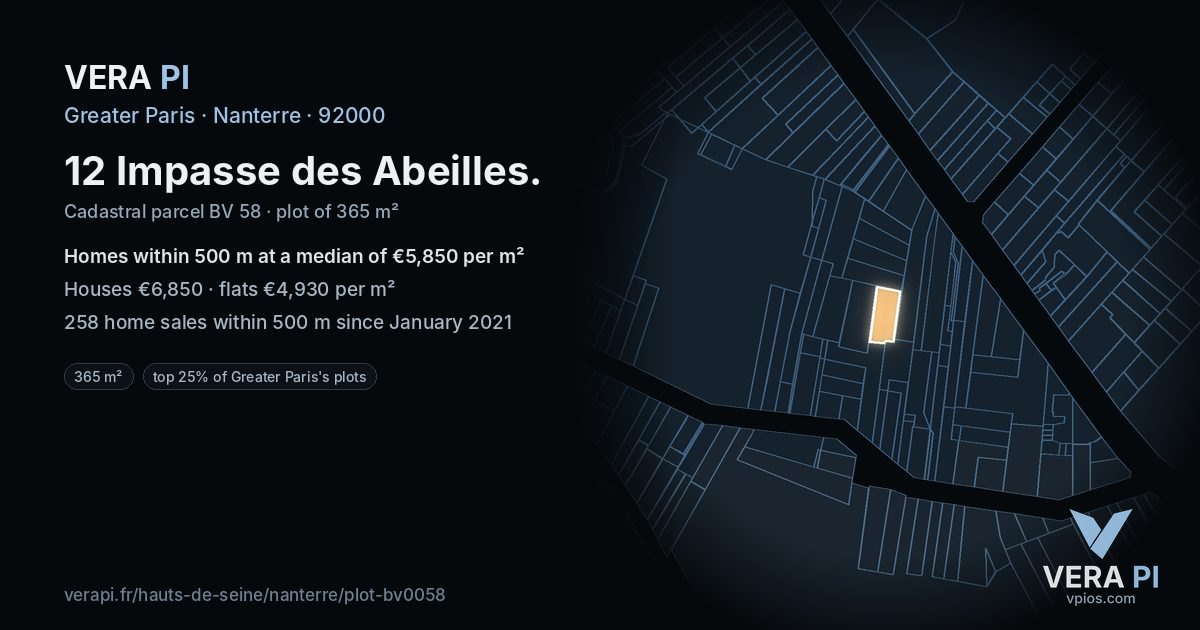 12 Impasse des Abeilles, Nanterre at night – the plot lit, the parcels around coloured by the prices near them