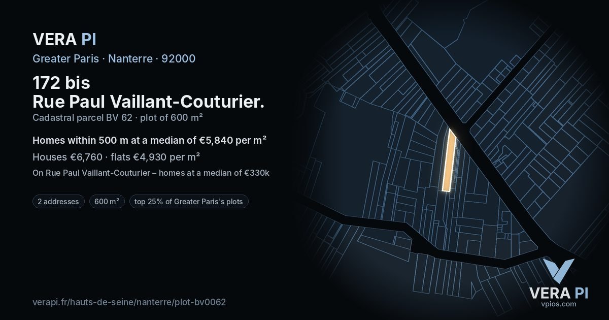 172 bis Rue Paul Vaillant-Couturier, Nanterre at night – the plot lit, the parcels around coloured by the prices near them