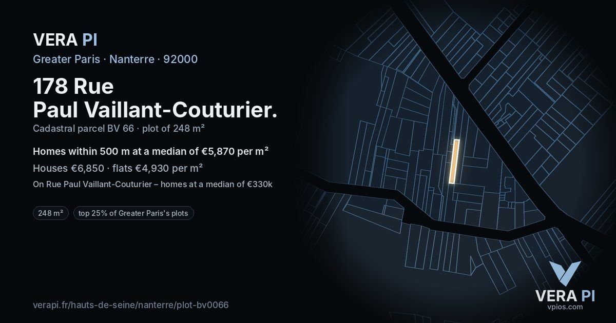 178 Rue Paul Vaillant-Couturier, Nanterre at night – the plot lit, the parcels around coloured by the prices near them