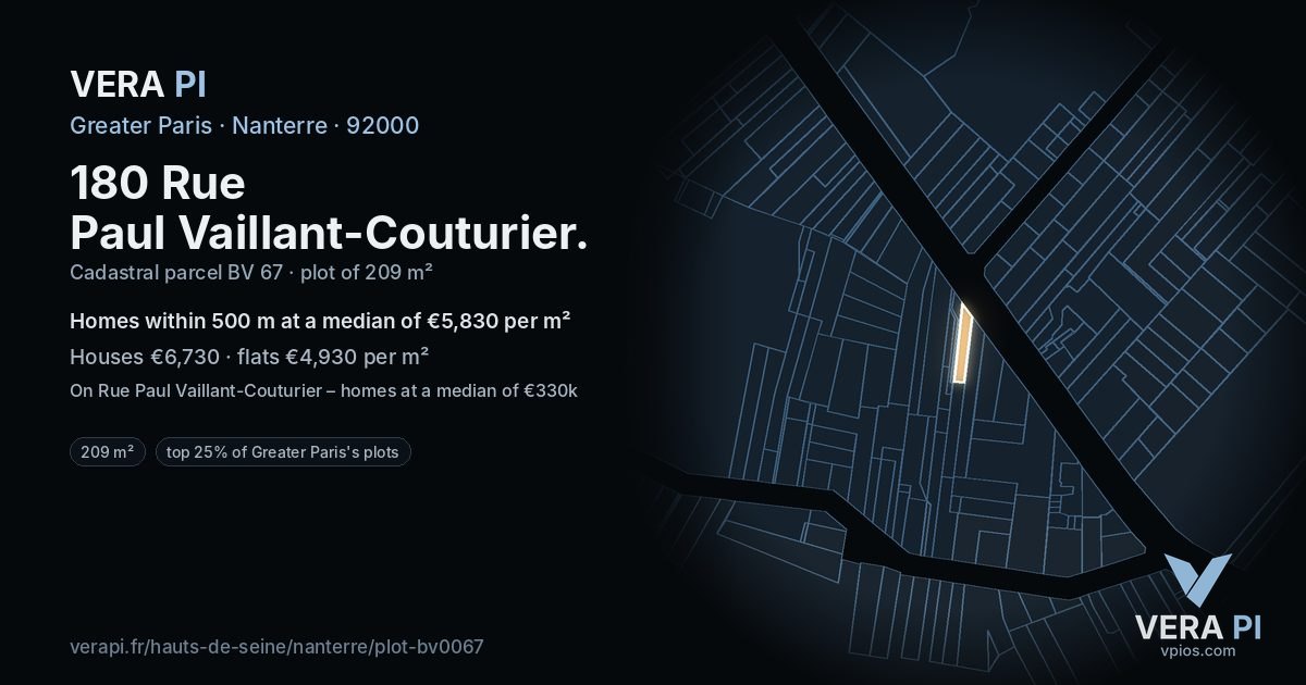 180 Rue Paul Vaillant-Couturier, Nanterre at night – the plot lit, the parcels around coloured by the prices near them